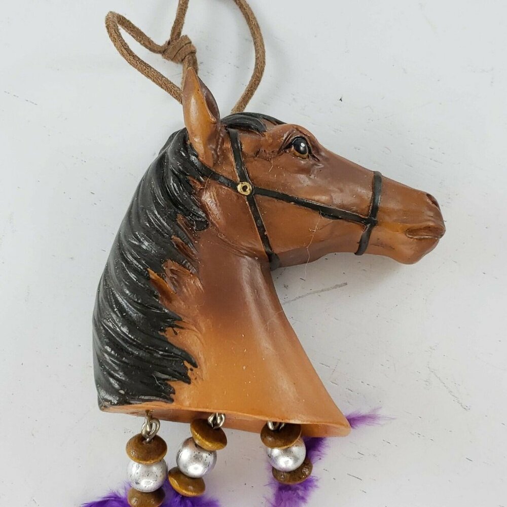 Horse Head Ornament With Purple Feathers Hanging Decor Western Christmas Decor - Picture 2 of 8
